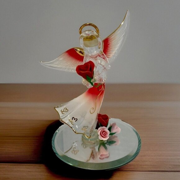 Glass Baron Angel Holding Roses Red Wings and Skirt on Mirror Original Label - Picture 1 of 9